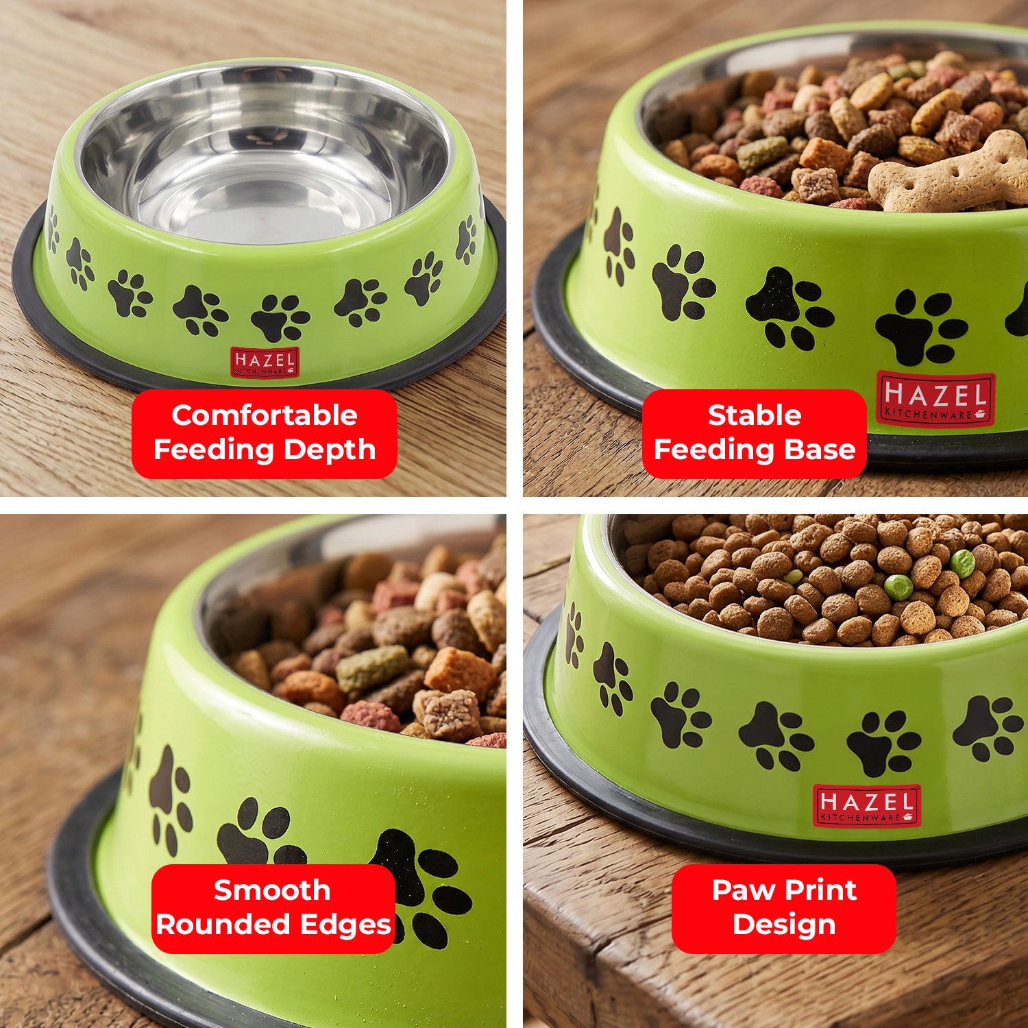 Stainless Steel Pet Food Bowl with Paw Print Design, 600 ml, Green