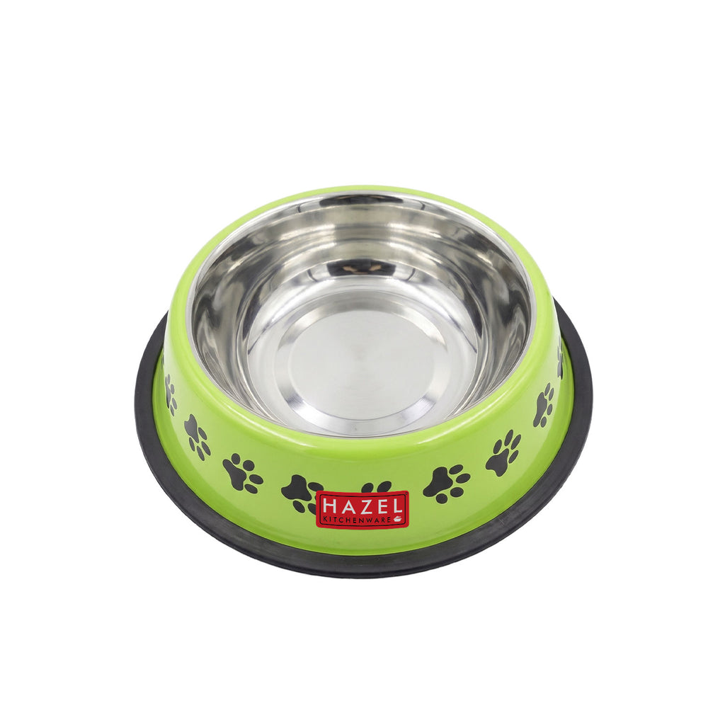 Stainless Steel Pet Food Bowl with Paw Print Design, 600 ml, Green