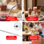 Steel Straw with Straw Cleaner Brush Set of 5 for Juice, Smoothies & Beverages