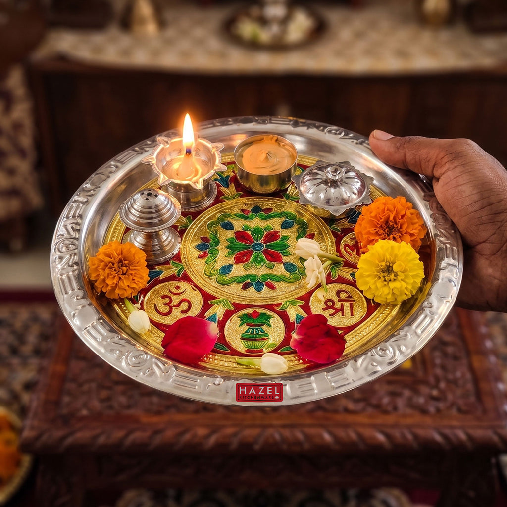 Stainless Steel Meenakari Pooja Thali, Decorative Puja Plate for Aarti