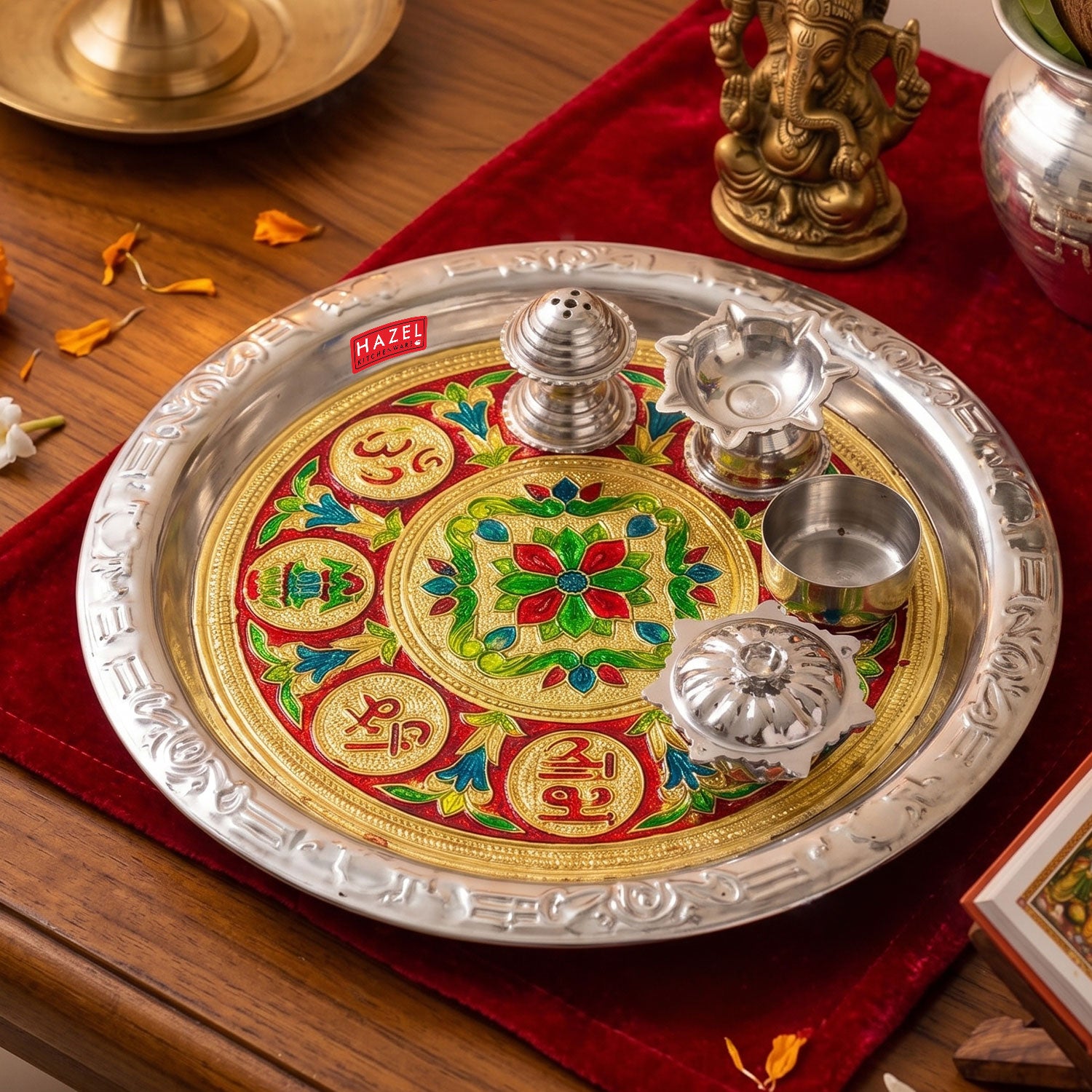 Stainless Steel Meenakari Pooja Thali, Decorative Puja Plate for Aarti