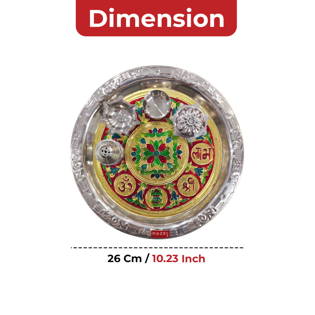 Stainless Steel Meenakari Pooja Thali, Decorative Puja Plate for Aarti