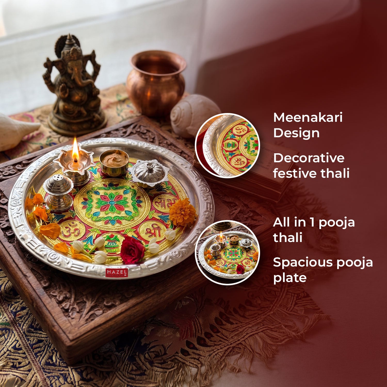 Stainless Steel Meenakari Pooja Thali, Decorative Puja Plate for Aarti