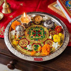 Stainless Steel Meenakari Pooja Thali, Decorative Puja Plate for Aarti