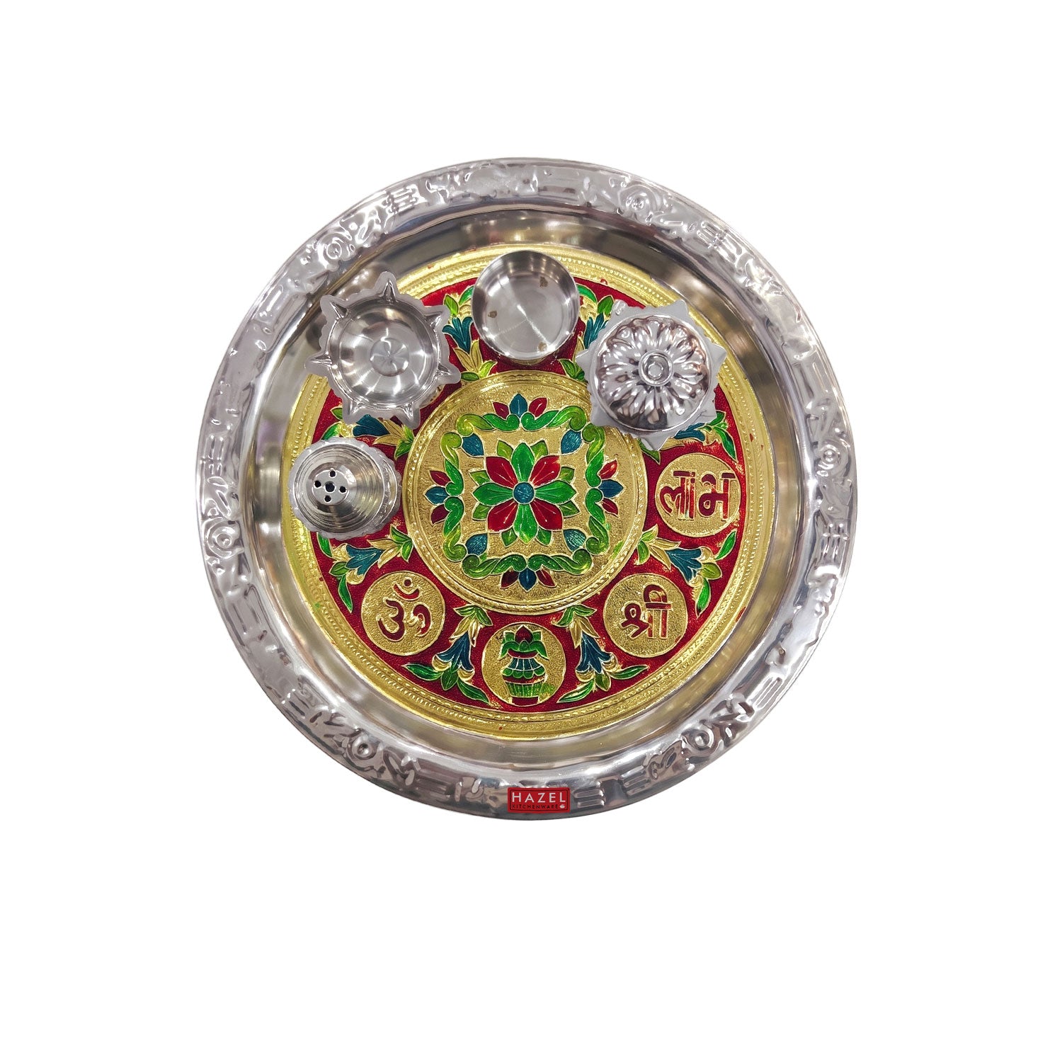 Stainless Steel Meenakari Pooja Thali, Decorative Puja Plate for Aarti