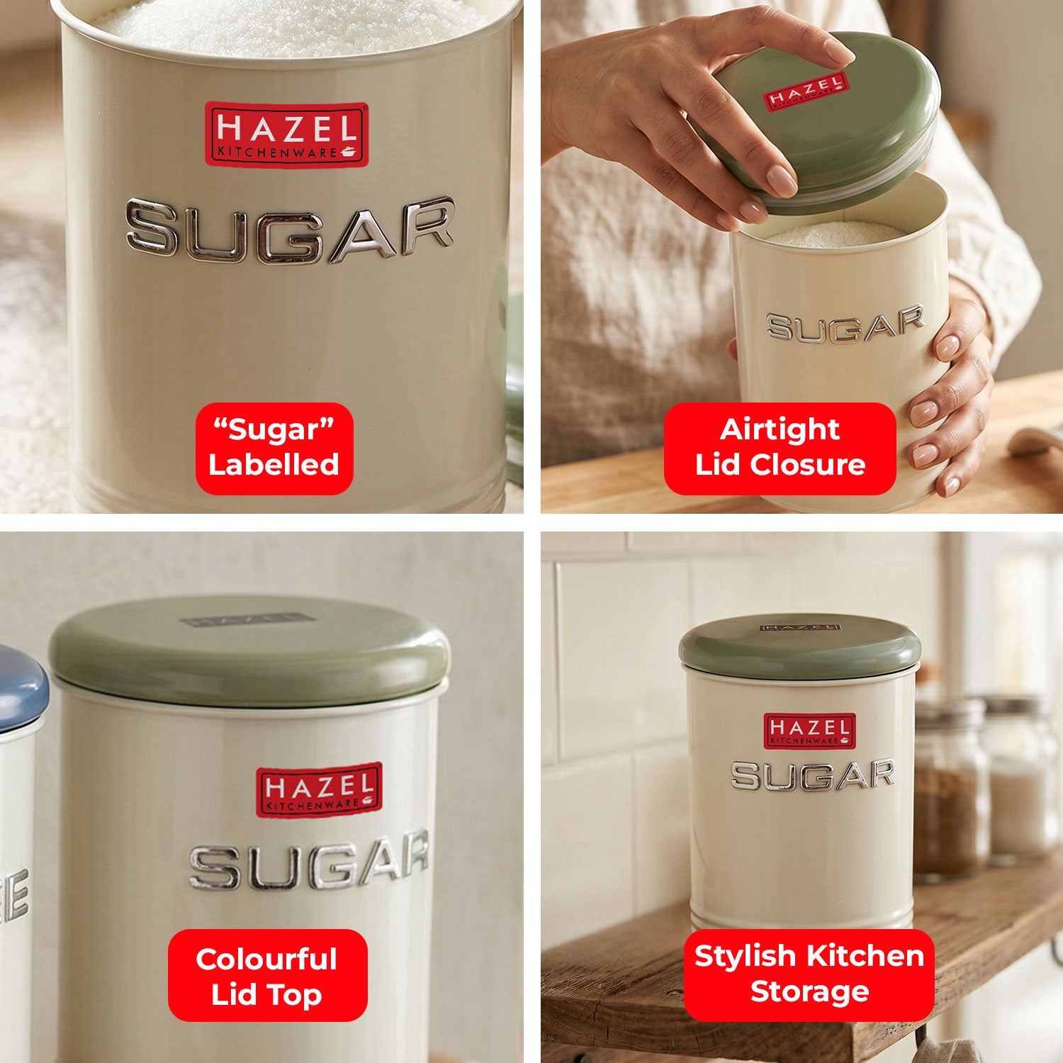 Sugar Container with Lid, Metal Kitchen Airtight Storage Jar for Sugar, 900 ml