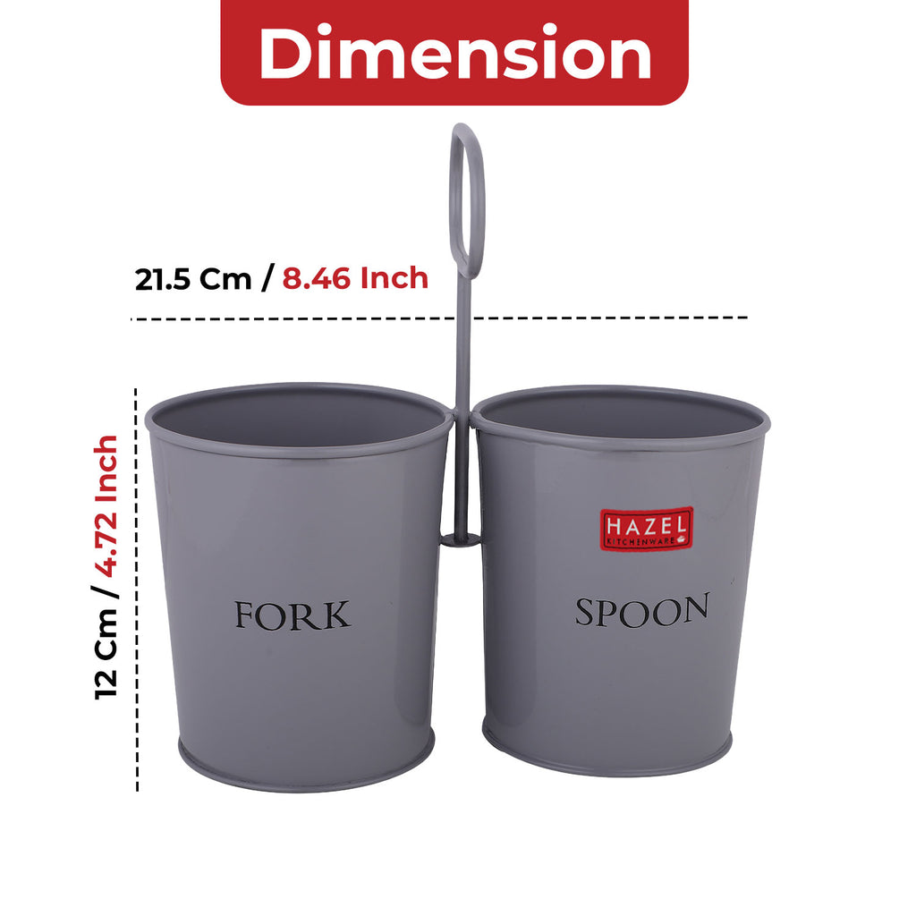 Empty grey cutlery holder on white with a red Dimension header and callouts of 21.5 cm width and 12 cm height.