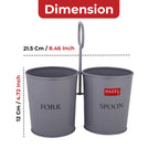Empty grey cutlery holder on white with a red Dimension header and callouts of 21.5 cm width and 12 cm height.