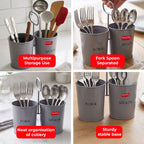 Four-image grid of the cutlery holder in use with red callout banners reading multipurpose storage use