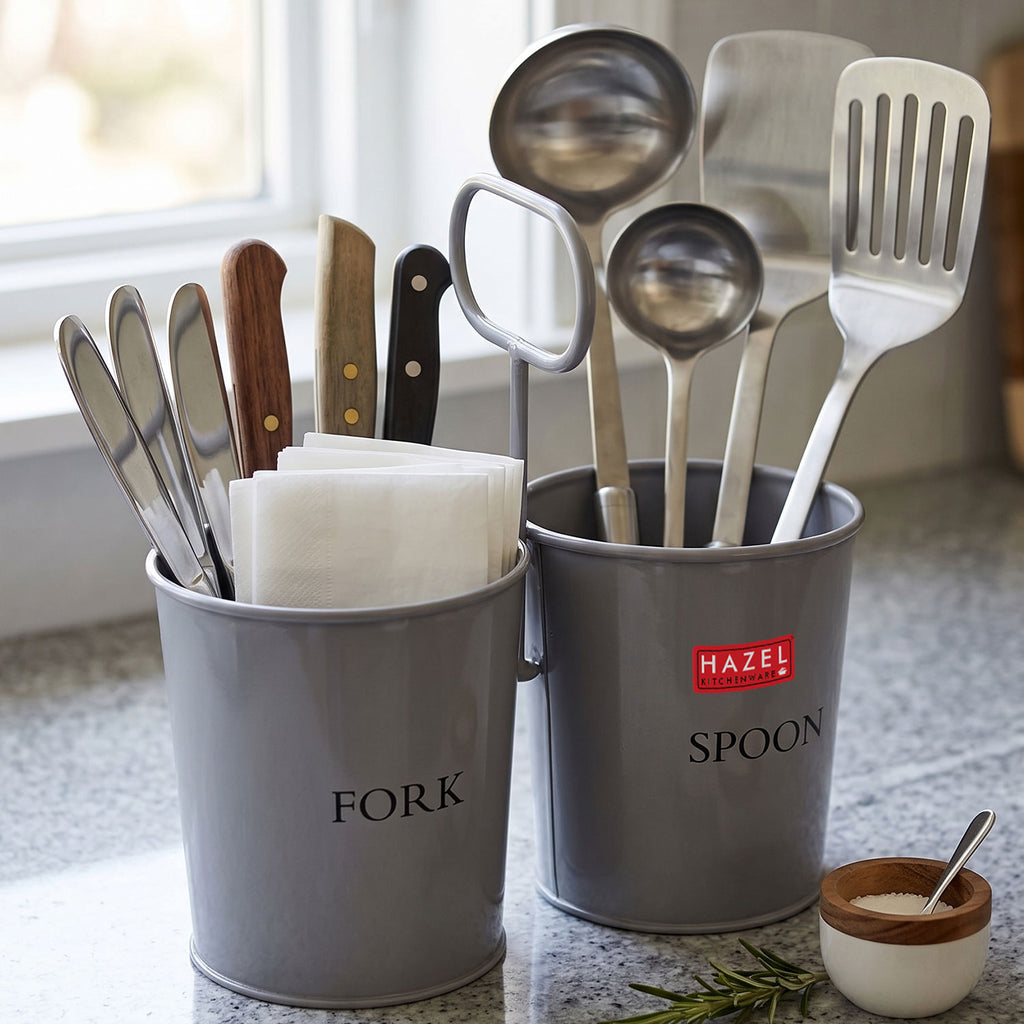 Grey two-section cutlery holder holding knives, ladles, and a spatula on a kitchen counter with a small bowl of sal