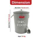 Dimension callout of the grey pet food bin under a red 'Dimension' banner, labeling 31.3 cm / 12