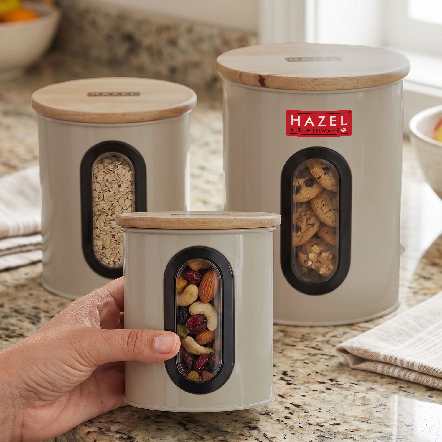 Kitchen Storage Aitright Canister with Window & Wooden Lid, Set of 3