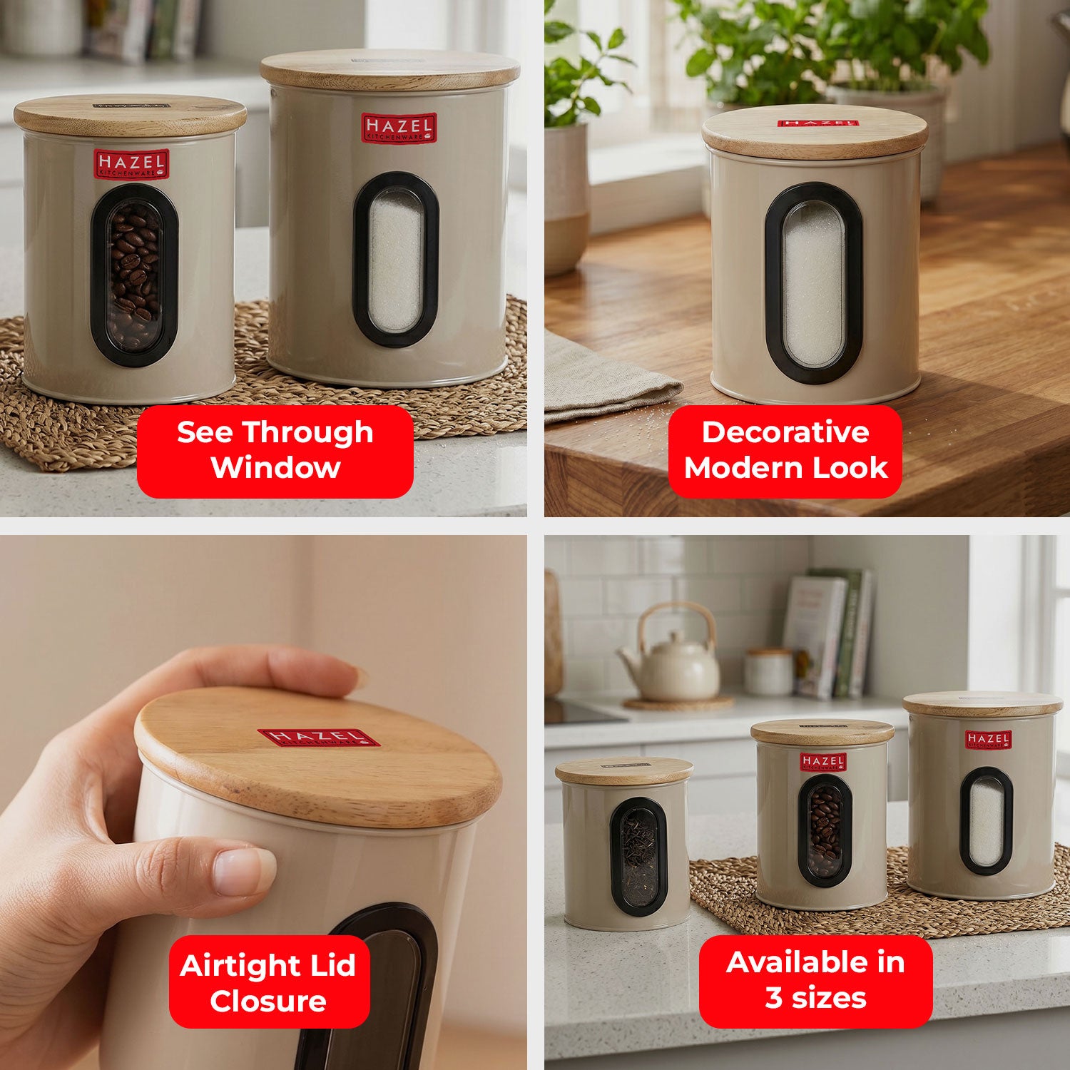 Kitchen Storage Aitright Canister with Window & Wooden Lid, Set of 3