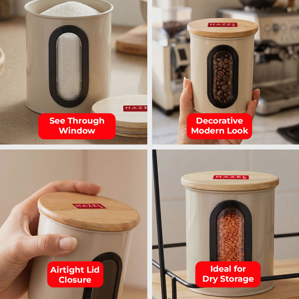 Airtight Kitchen Storage Container with Wooden Lid & Oval Window, 500ml