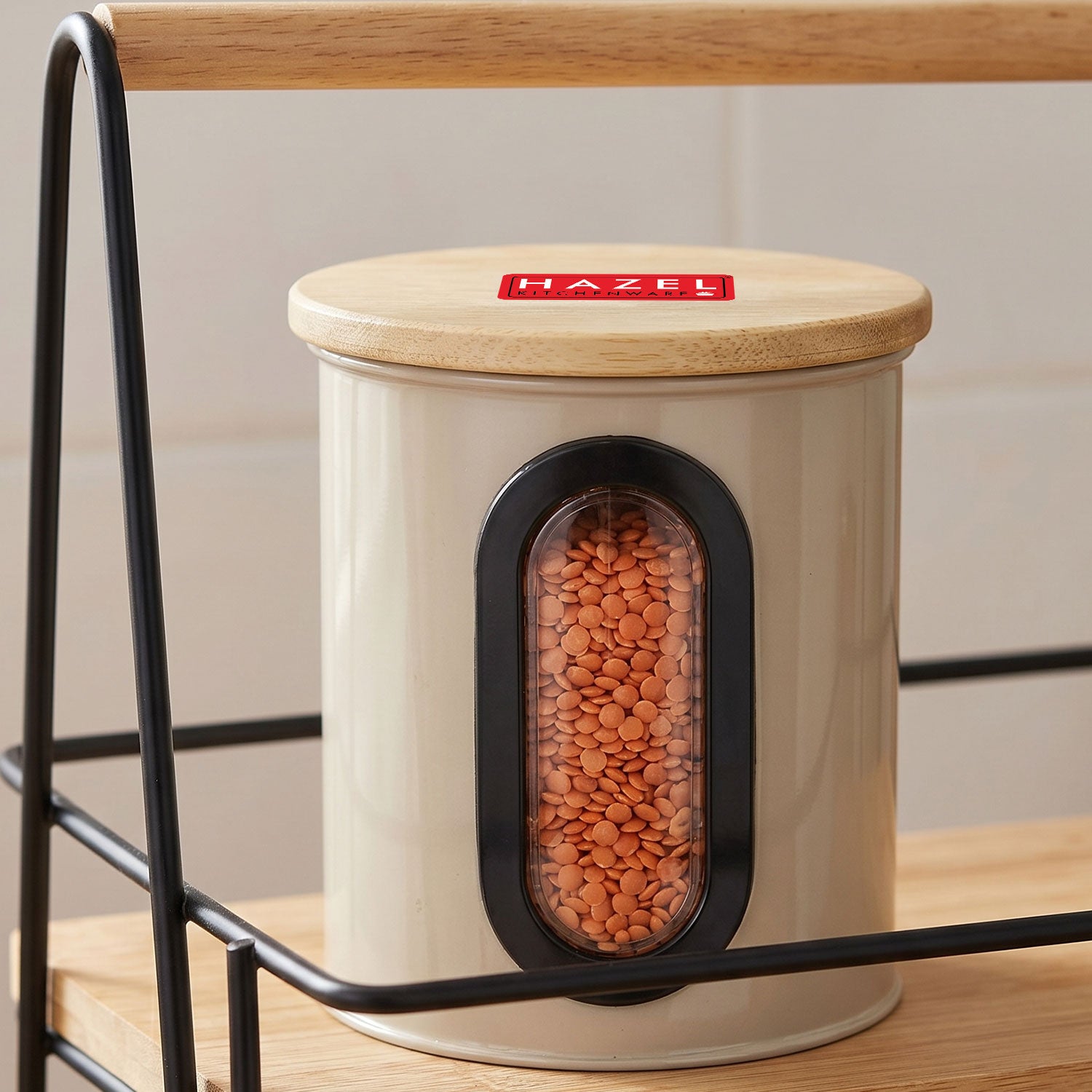 Airtight Kitchen Storage Container with Wooden Lid & Oval Window, 500ml
