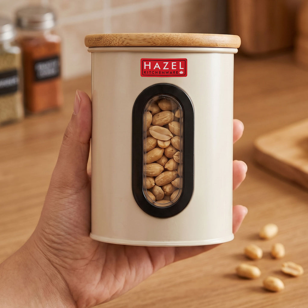 Airtight Kitchen Storage Container with Window & Wooden Lid, 800ml