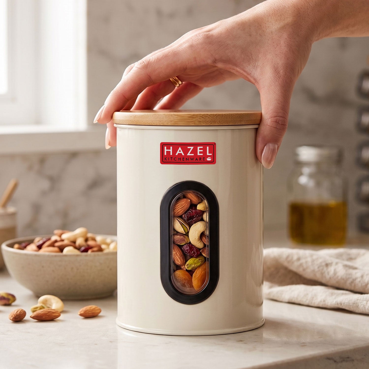 Airtight Kitchen Storage Container with Window & Wooden Lid, 1200ml Big
