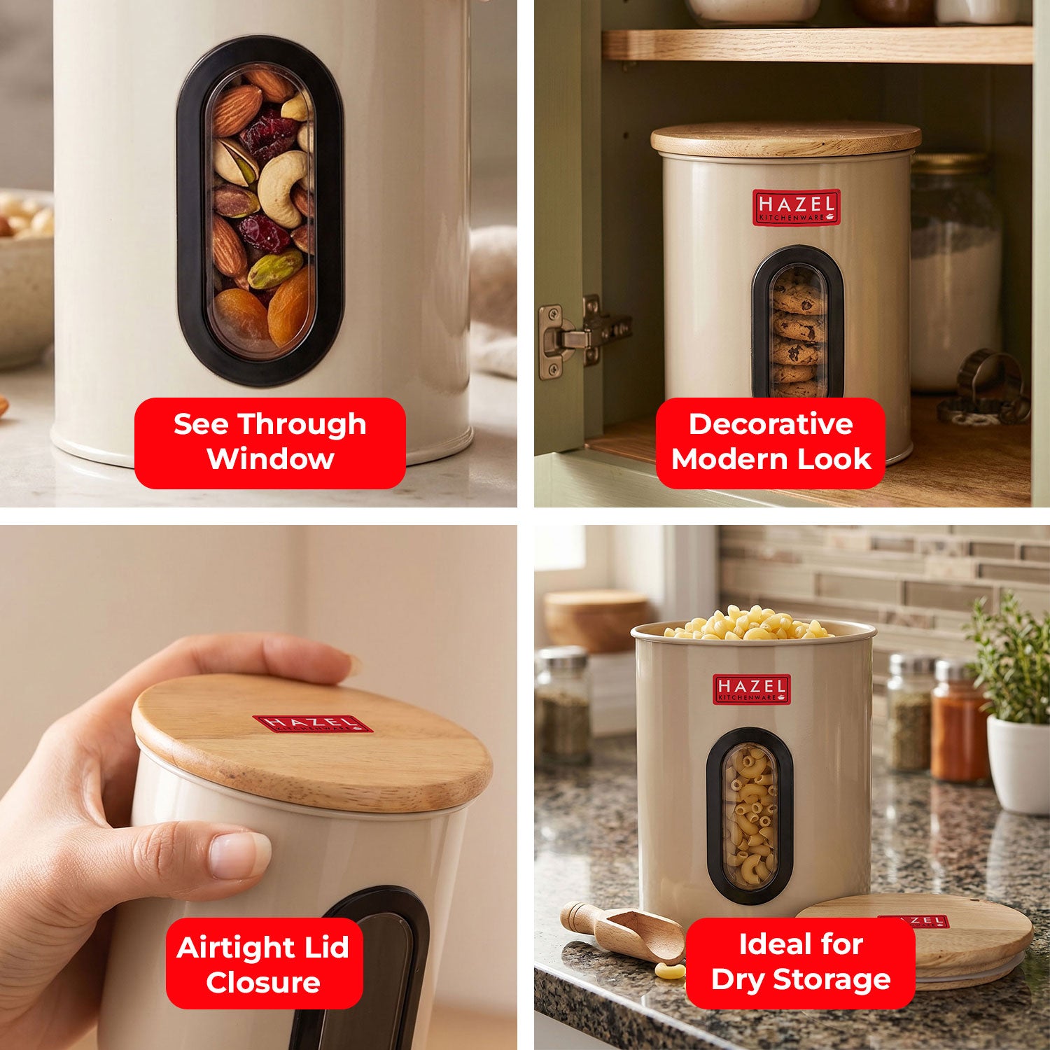 Airtight Kitchen Storage Container with Window & Wooden Lid, 1200ml Big