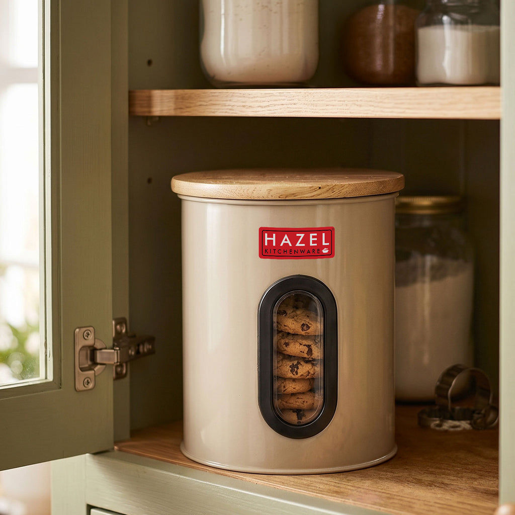 Airtight Kitchen Storage Container with Window & Wooden Lid, 1200ml Big