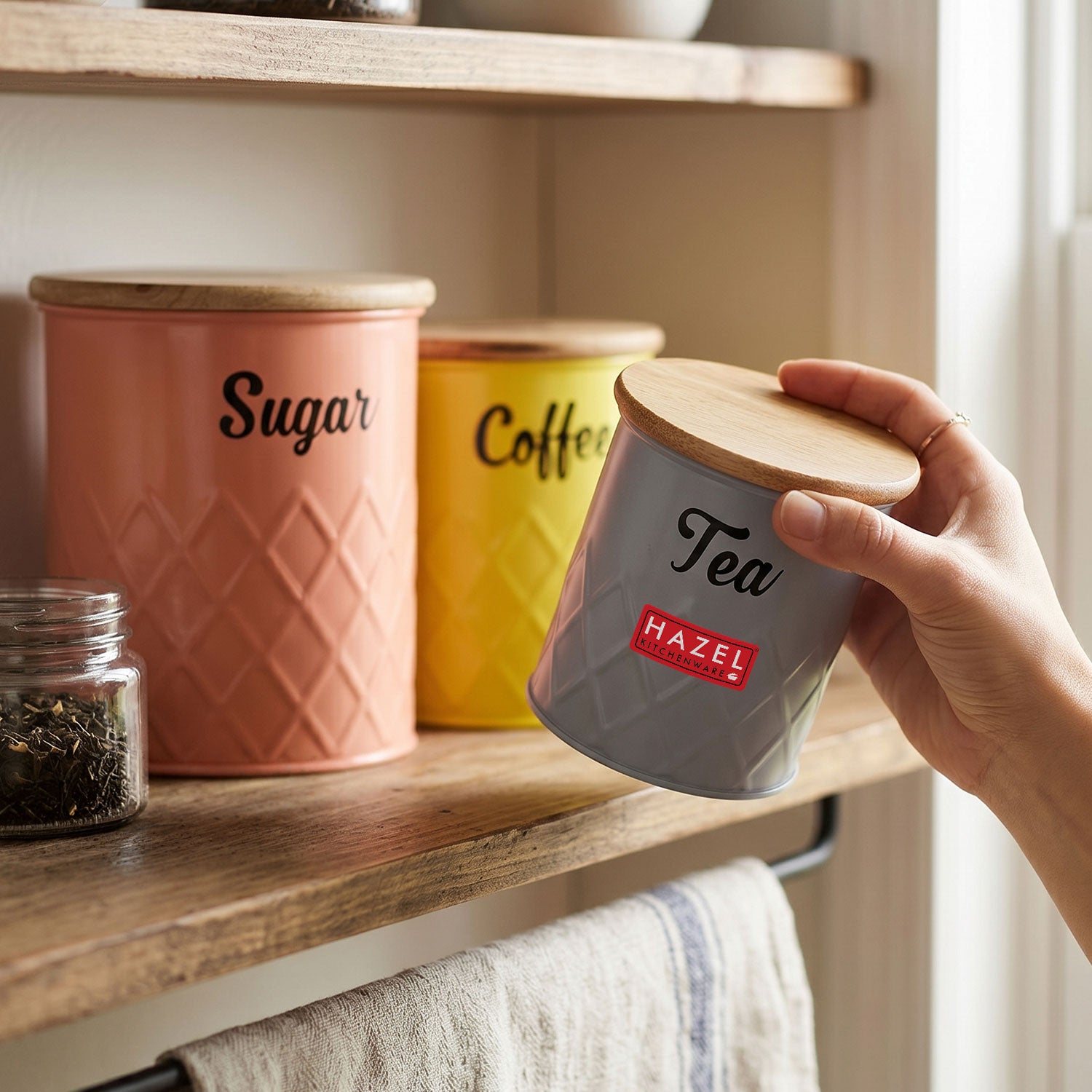 Tea Coffee Sugar Container with Airtight Wooden Lid, Set of 3