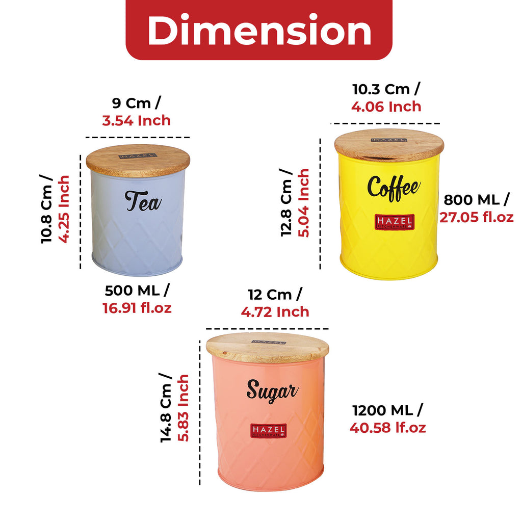Tea Coffee Sugar Container with Airtight Wooden Lid, Set of 3