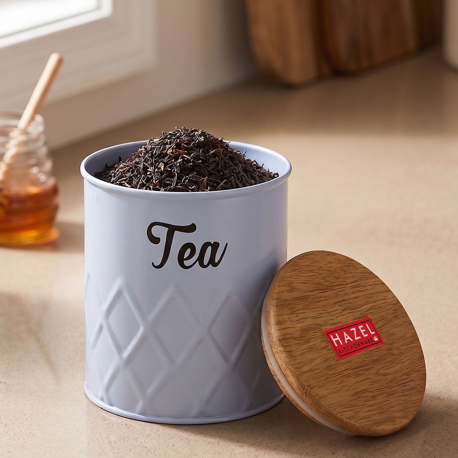 Tea Storage Container with Wooden Lid Metal Airtight Canister, 500ml