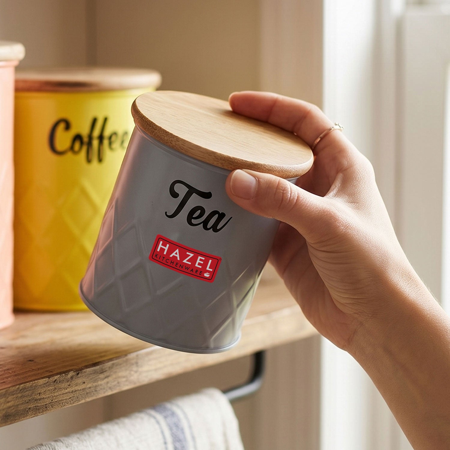 Tea Storage Container with Wooden Lid Metal Airtight Canister, 500ml