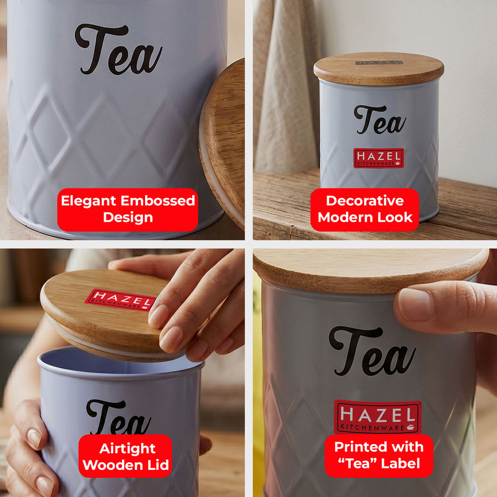Tea Storage Container with Wooden Lid Metal Airtight Canister, 500ml