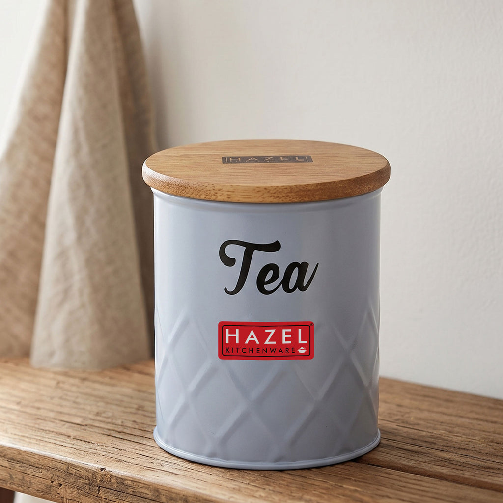 Tea Storage Container with Wooden Lid Metal Airtight Canister, 500ml