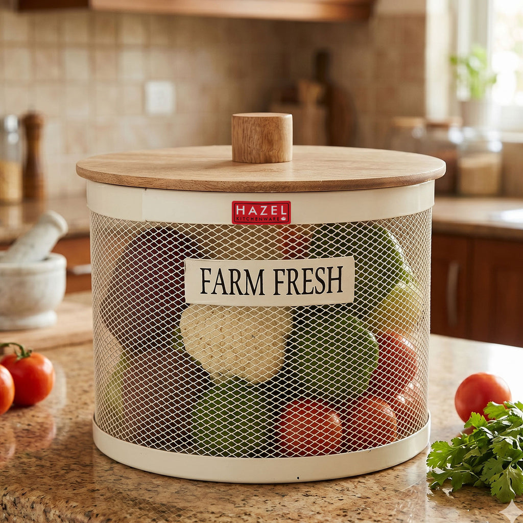 Vegetable Basket with Wooden Lid, Grocery Storage Container Basket