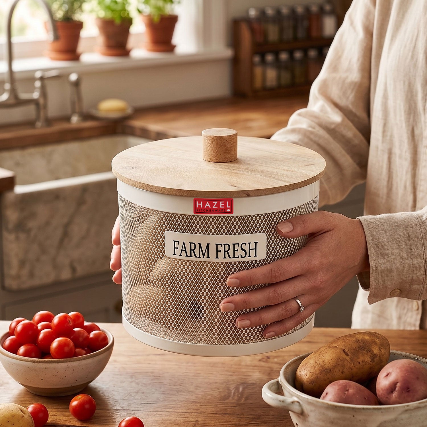 Vegetable Basket with Wooden Lid, Grocery Storage Container Basket