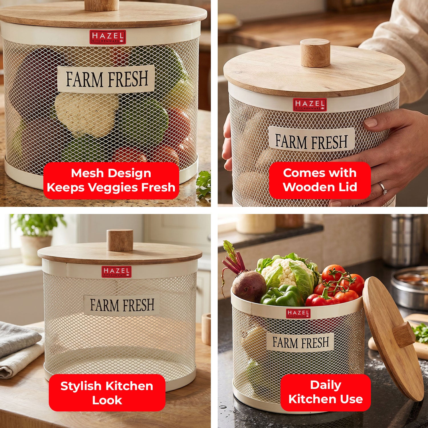 Vegetable Basket with Wooden Lid, Grocery Storage Container Basket