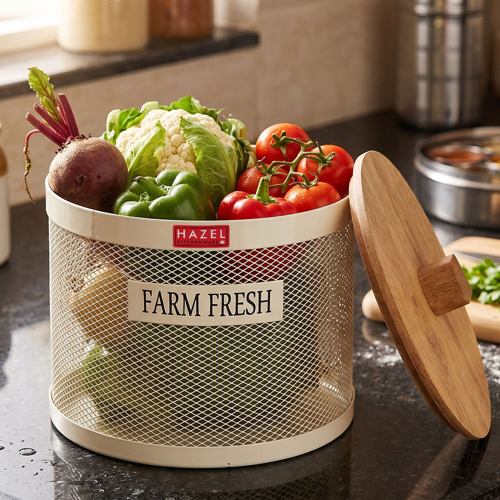 Vegetable Basket with Wooden Lid, Grocery Storage Container Basket