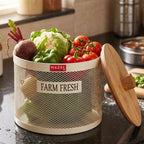 Vegetable Basket with Wooden Lid, Grocery Storage Container Basket
