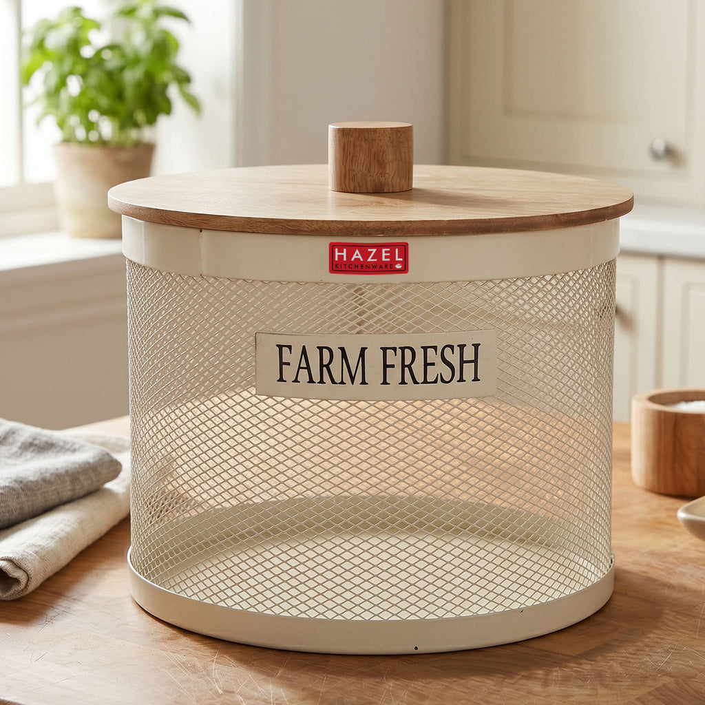 Vegetable Basket with Wooden Lid, Grocery Storage Container Basket