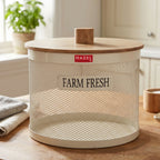 Vegetable Basket with Wooden Lid, Grocery Storage Container Basket