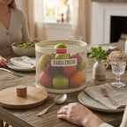 The empty cream mesh vegetable basket with its wooden knob lid on stands on a wooden counter beside a basil plant