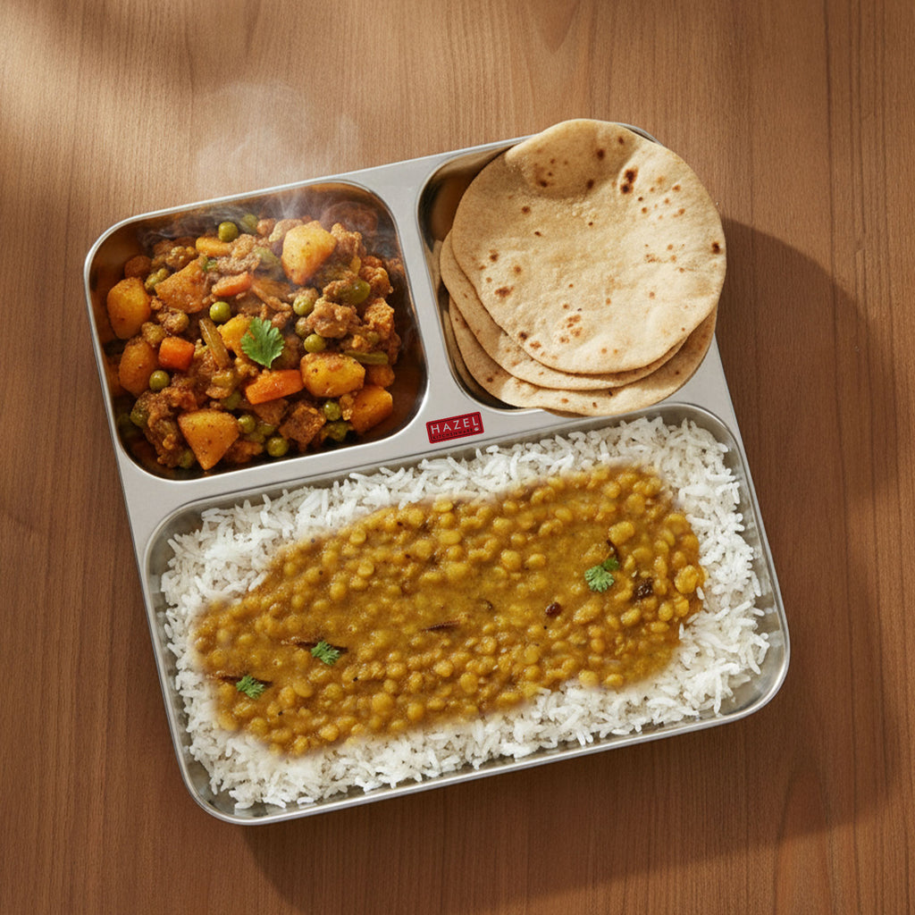 Stainless Steel 3 in 1 Section Plate, Pav Bhaji Dinner Plate