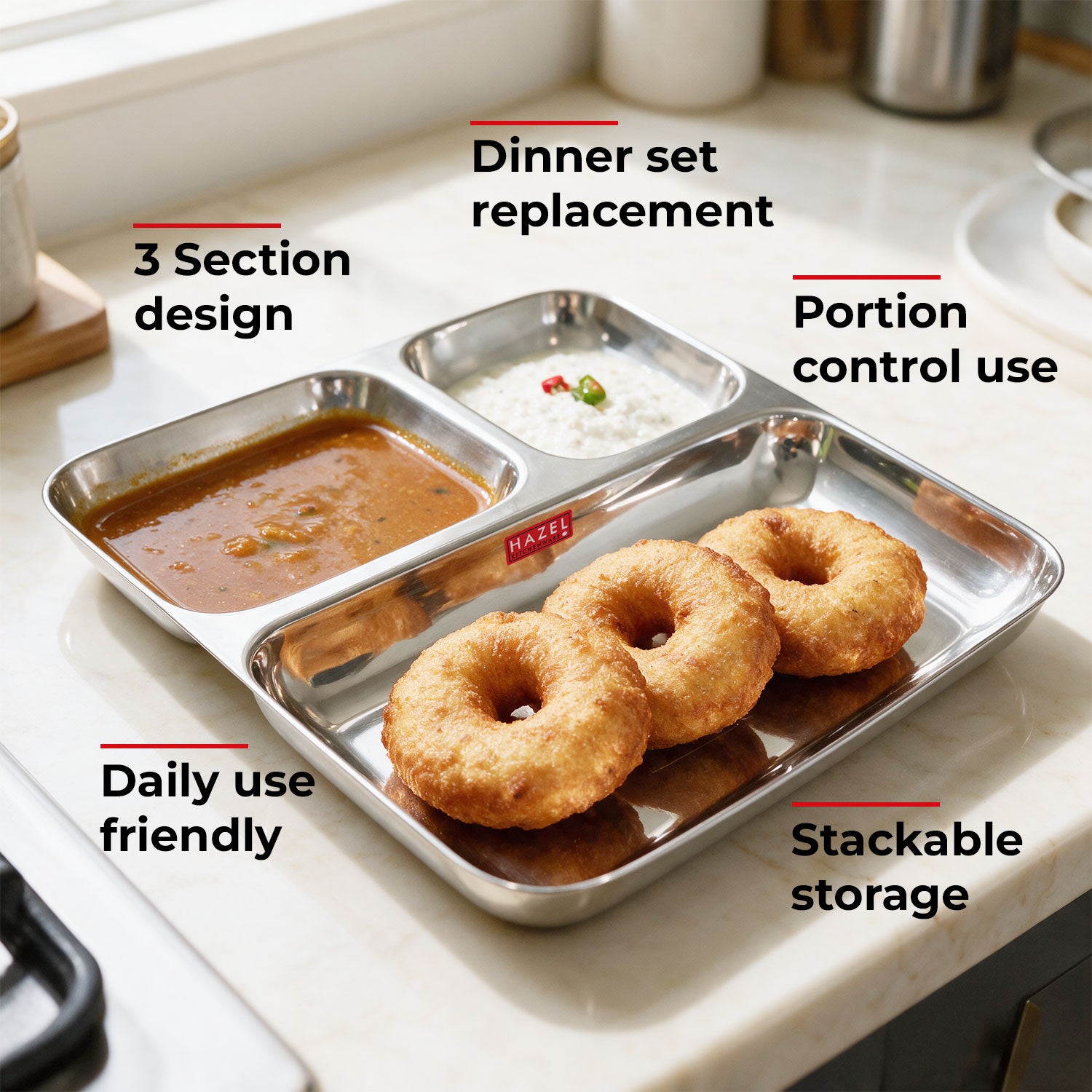 Stainless Steel 3 in 1 Section Plate, Pav Bhaji Dinner Plate