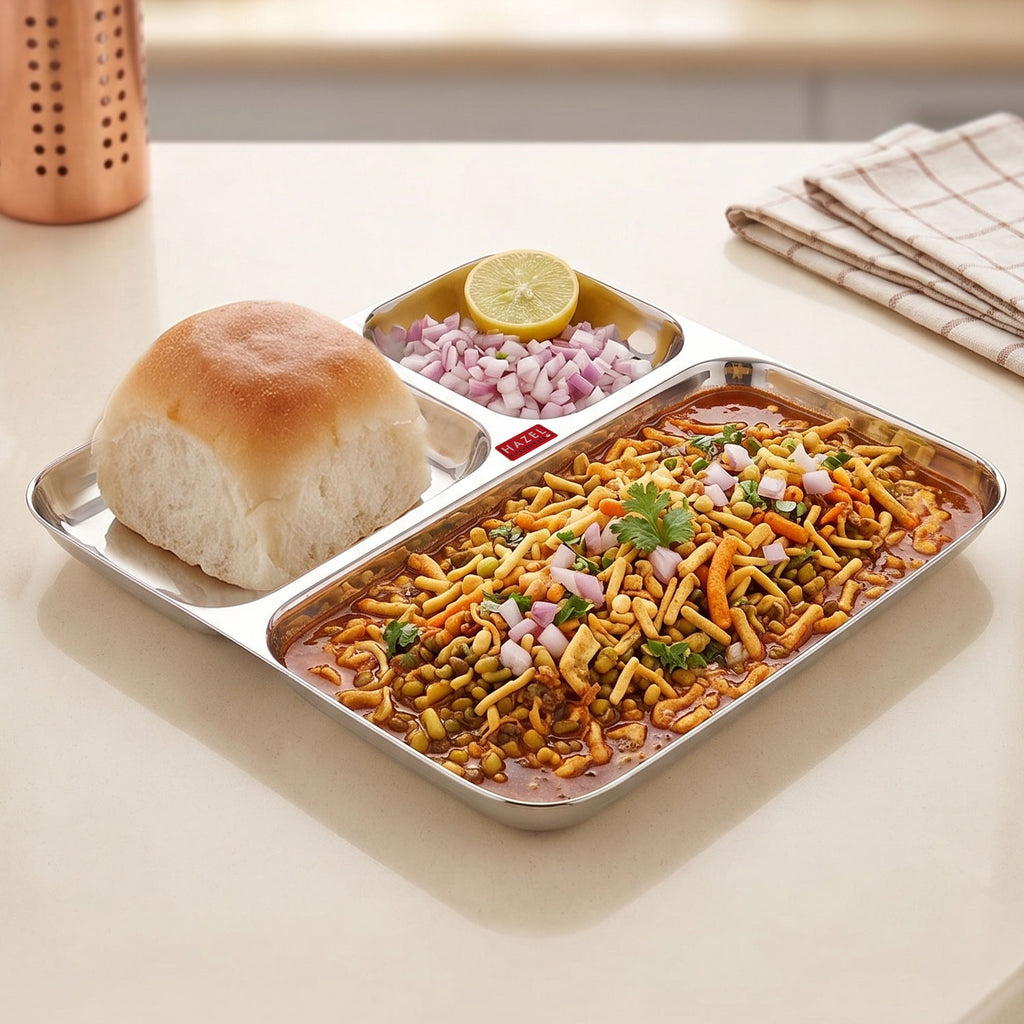 Stainless Steel 3 in 1 Section Plate, Pav Bhaji Dinner Plate