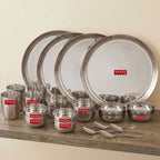 Hammered Design Stainless Steel Dinner Set, Pack of 24, Complete Indian Thali & Tableware Set