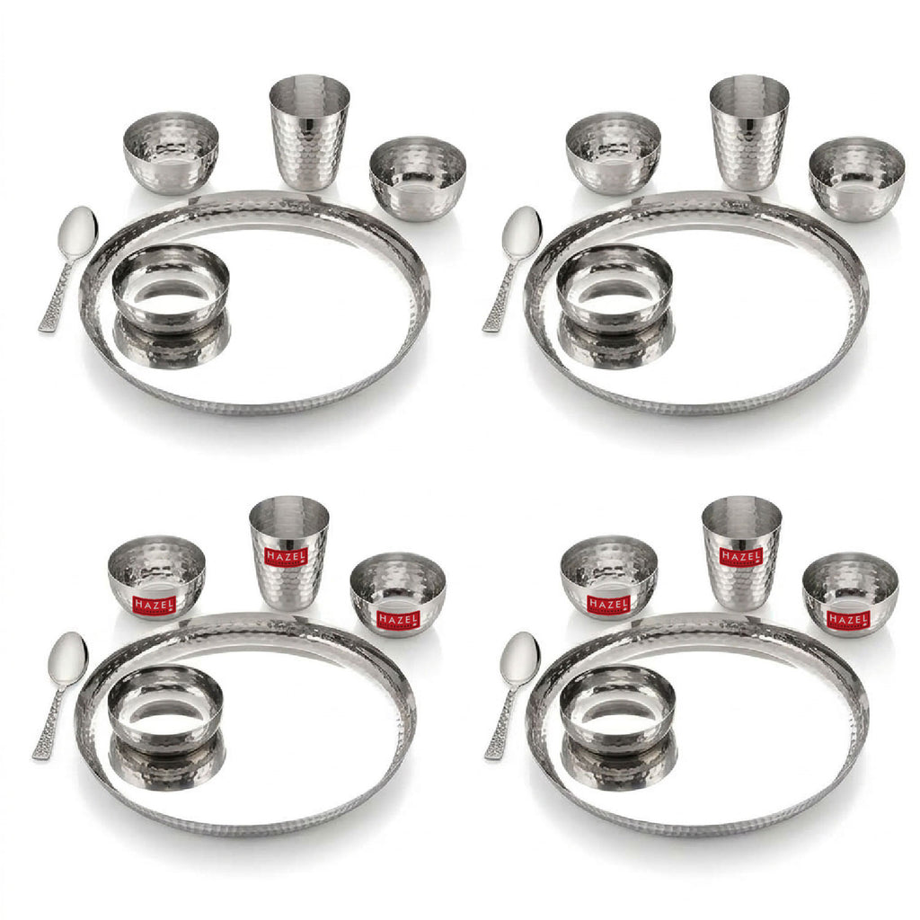 Hammered Design Stainless Steel Dinner Set, Pack of 24, Complete Indian Thali & Tableware Set