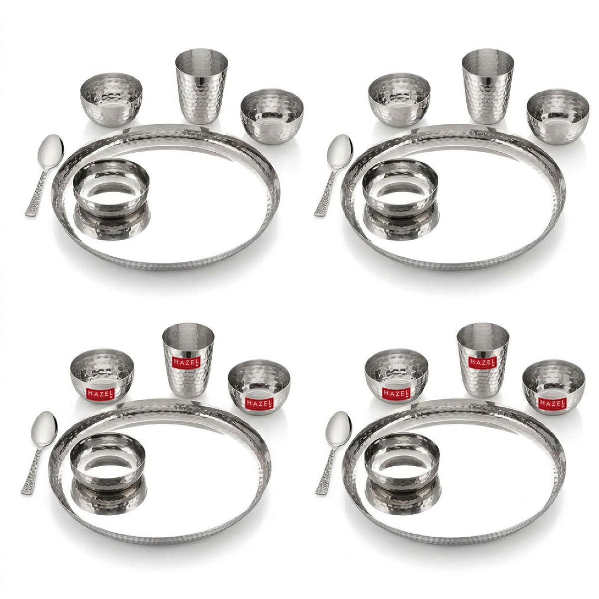 Hammered Design Stainless Steel Dinner Set, Pack of 24, Complete Indian Thali & Tableware Set