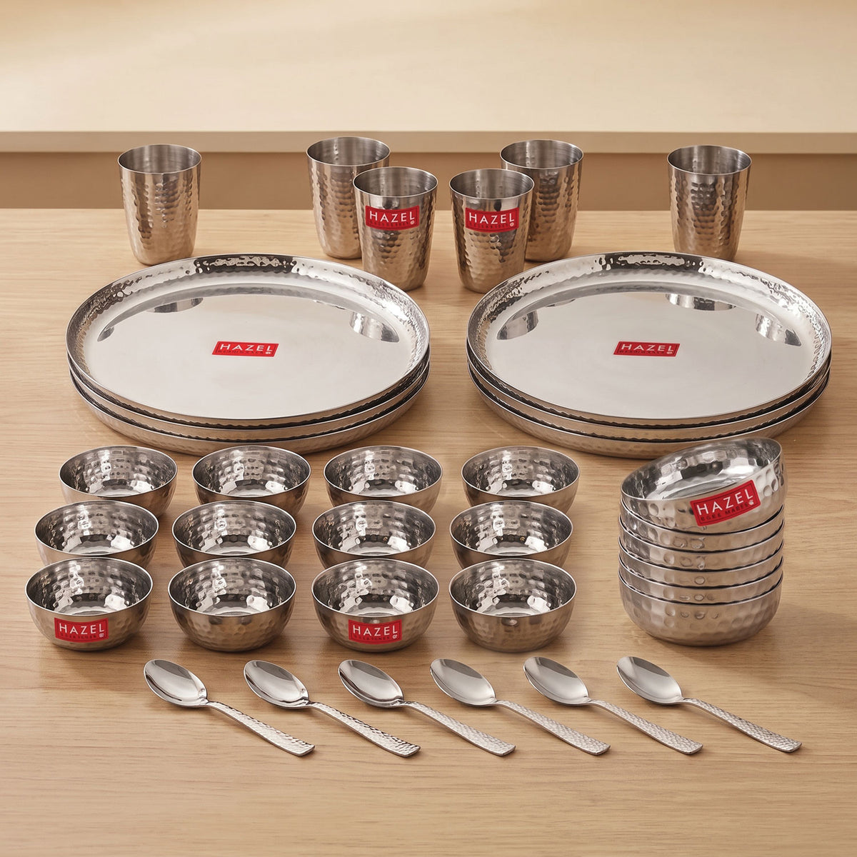 Hammered Designer Stainless Steel Dinner Set, Pack of 36