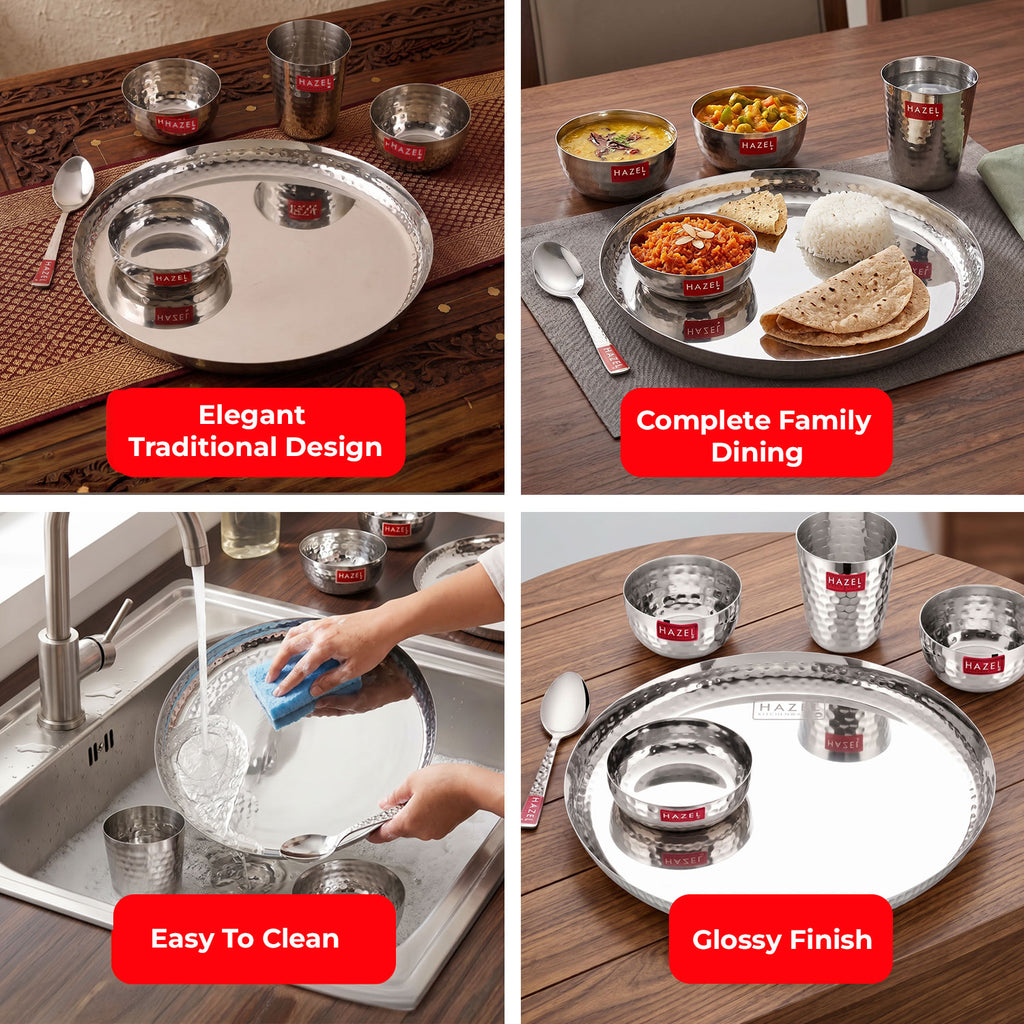 Hammered Designer Stainless Steel Dinnerware Set, Pack of 36