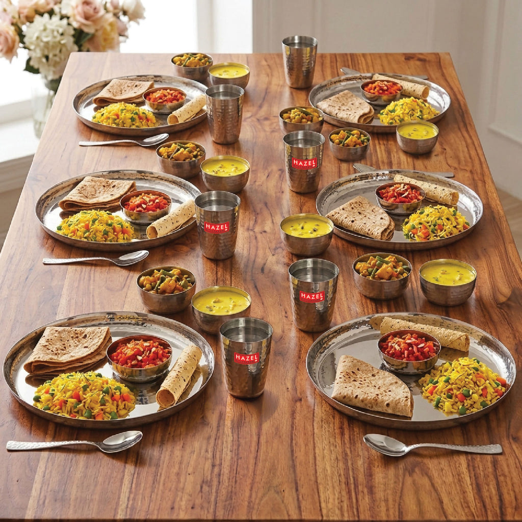Hammered Designer Stainless Steel Dinnerware Set, Pack of 36