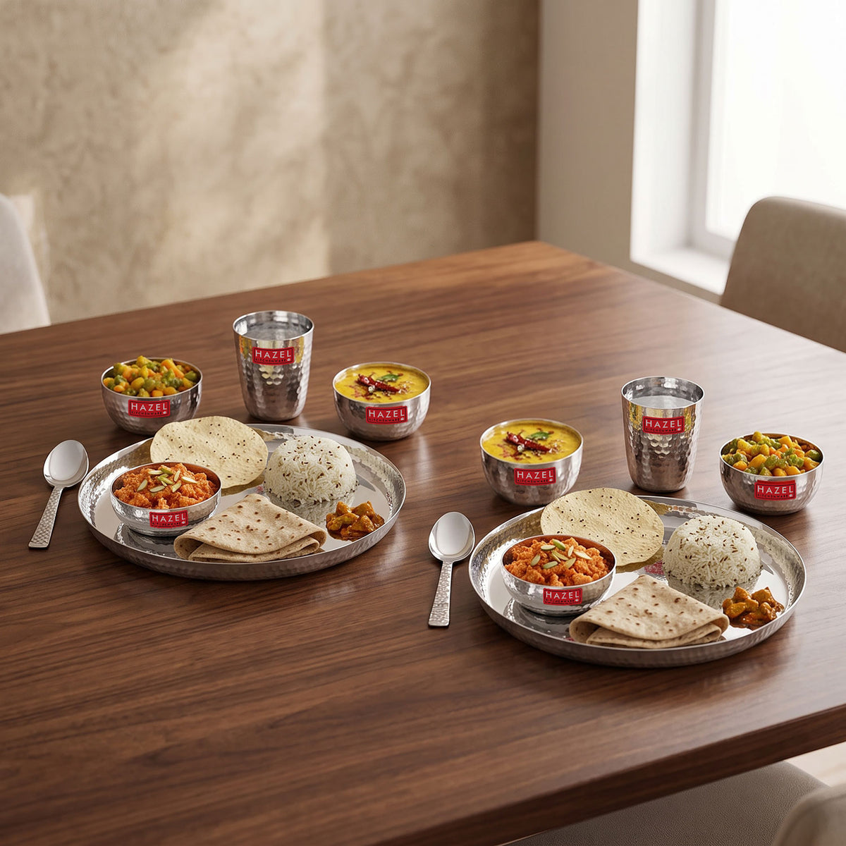 Hammered Stainless Steel Rajwadi Mather Dinner Set, Pack of 12