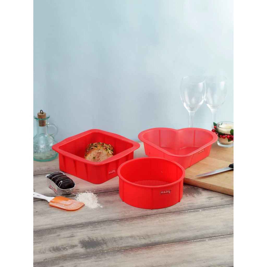 Silicone Small Square, Round and Heart Shape Cake Mould for Half Kg, 3 Pcs, Red