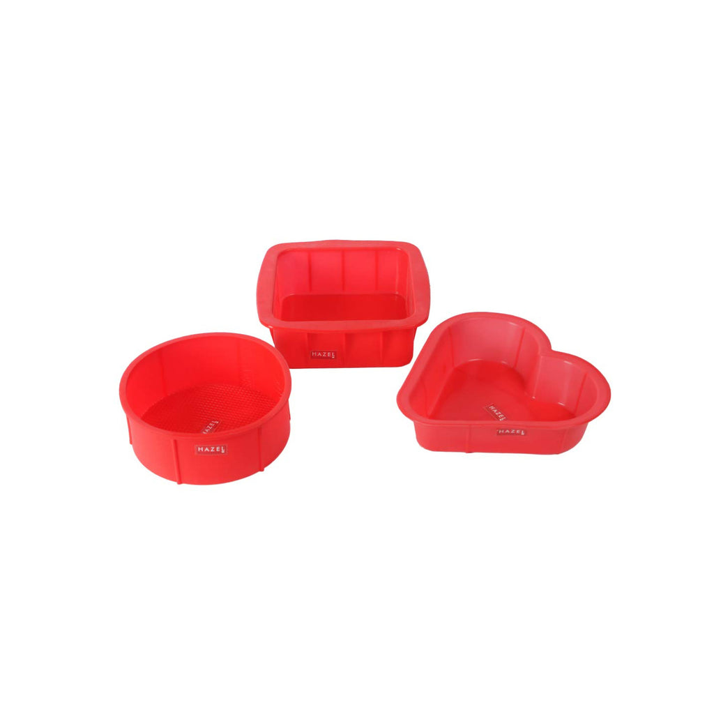Silicone Small Square, Round and Heart Shape Cake Mould for Half Kg, 3 Pcs, Red