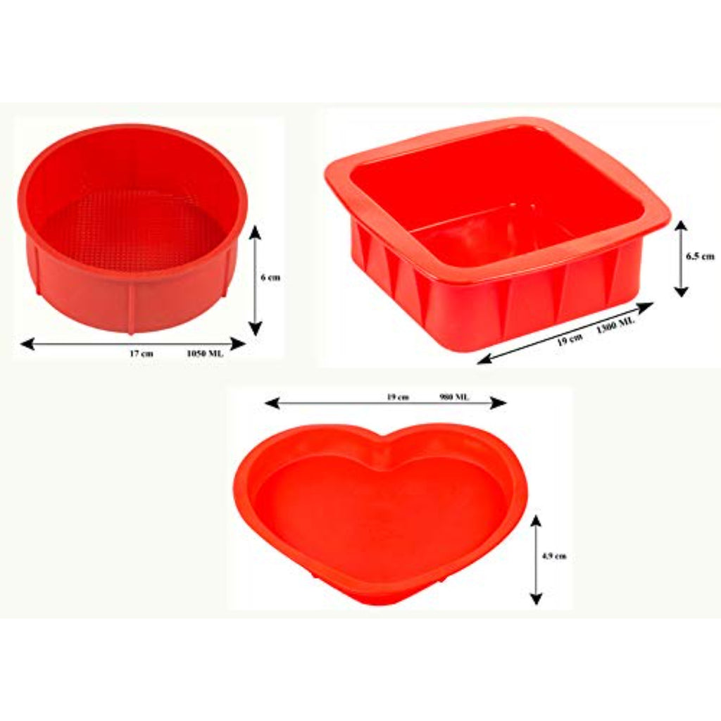 Silicone Small Square, Round and Heart Shape Cake Mould for Half Kg, 3 Pcs, Red